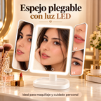 Espejo de Maquillaje Tríptico con Luz LED, Plegable y Base Organizadora