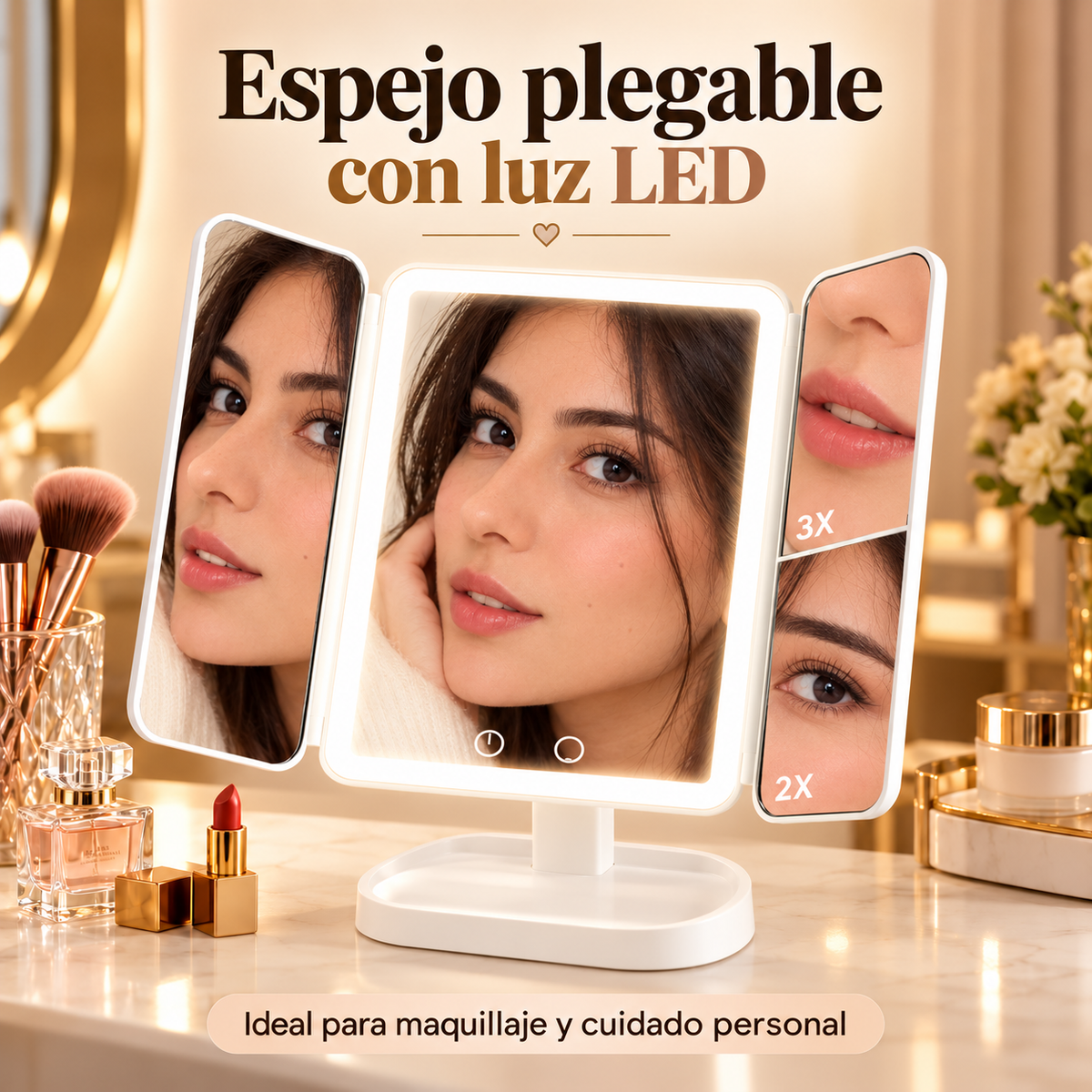 Espejo de Maquillaje Tríptico con Luz LED, Plegable y Base Organizadora