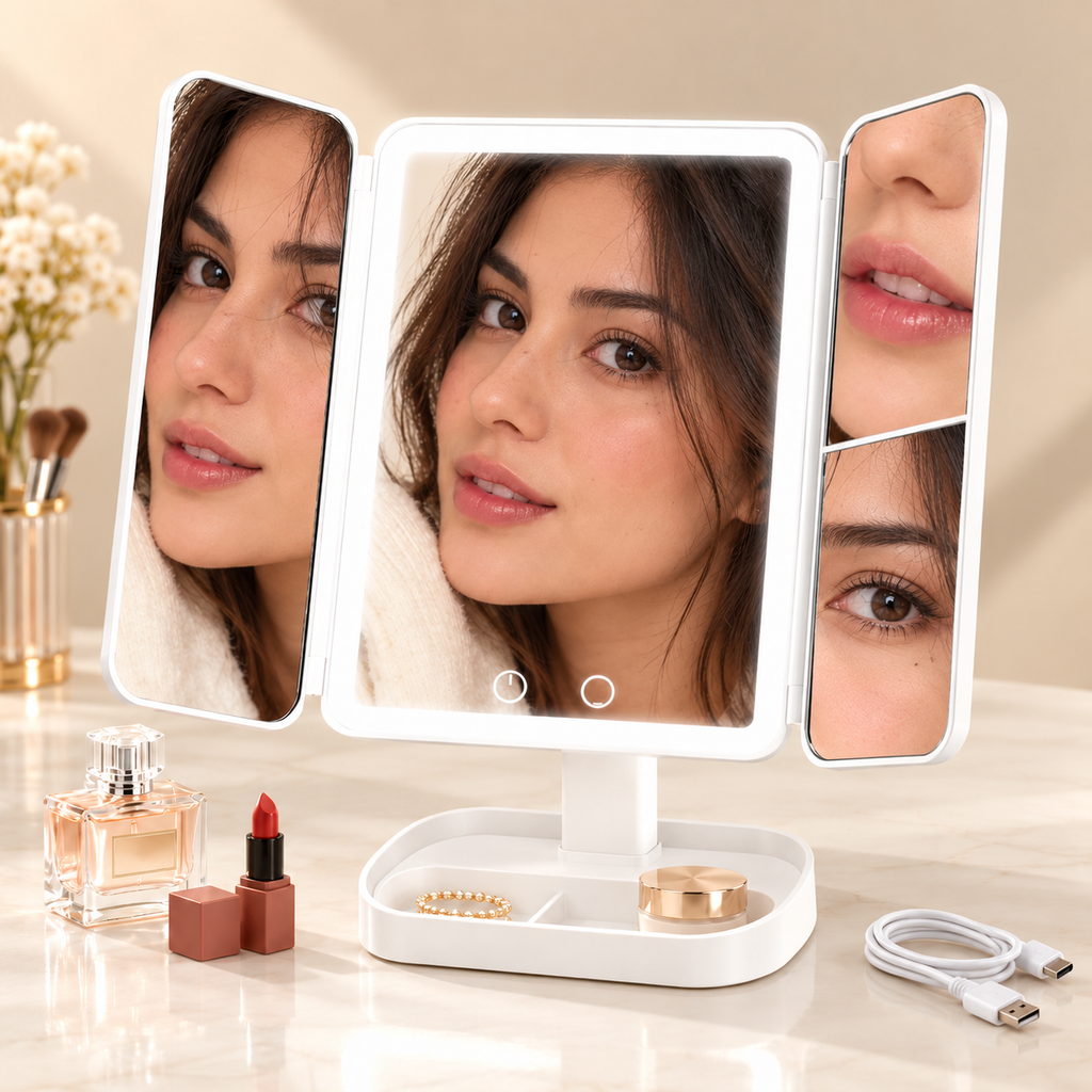 Espejo de Maquillaje Tríptico con Luz LED, Plegable y Base Organizadora