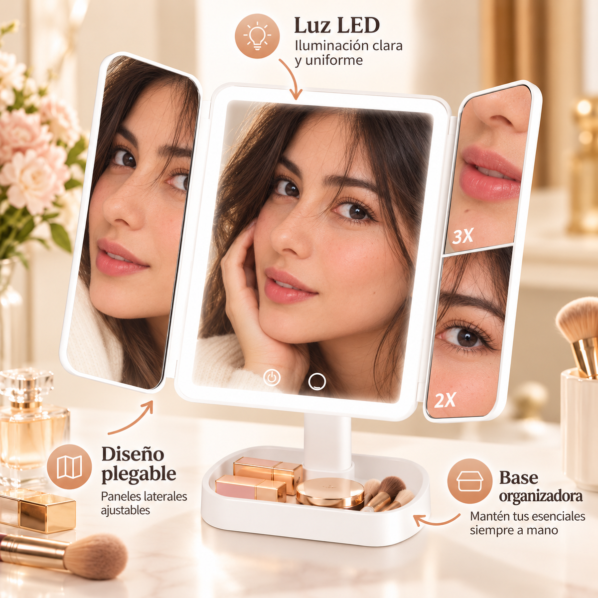 Espejo de Maquillaje Tríptico con Luz LED, Plegable y Base Organizadora