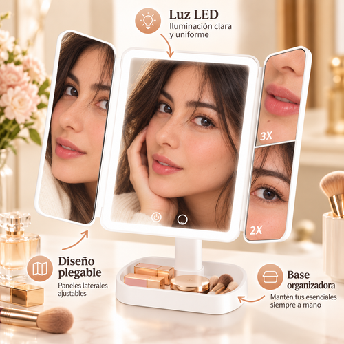 Espejo de Maquillaje Tríptico con Luz LED, Plegable y Base Organizadora