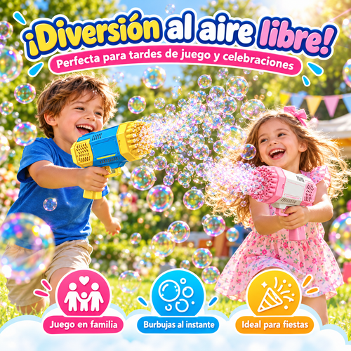 Niños jugando al aire libre con la pistola de burbujas automática