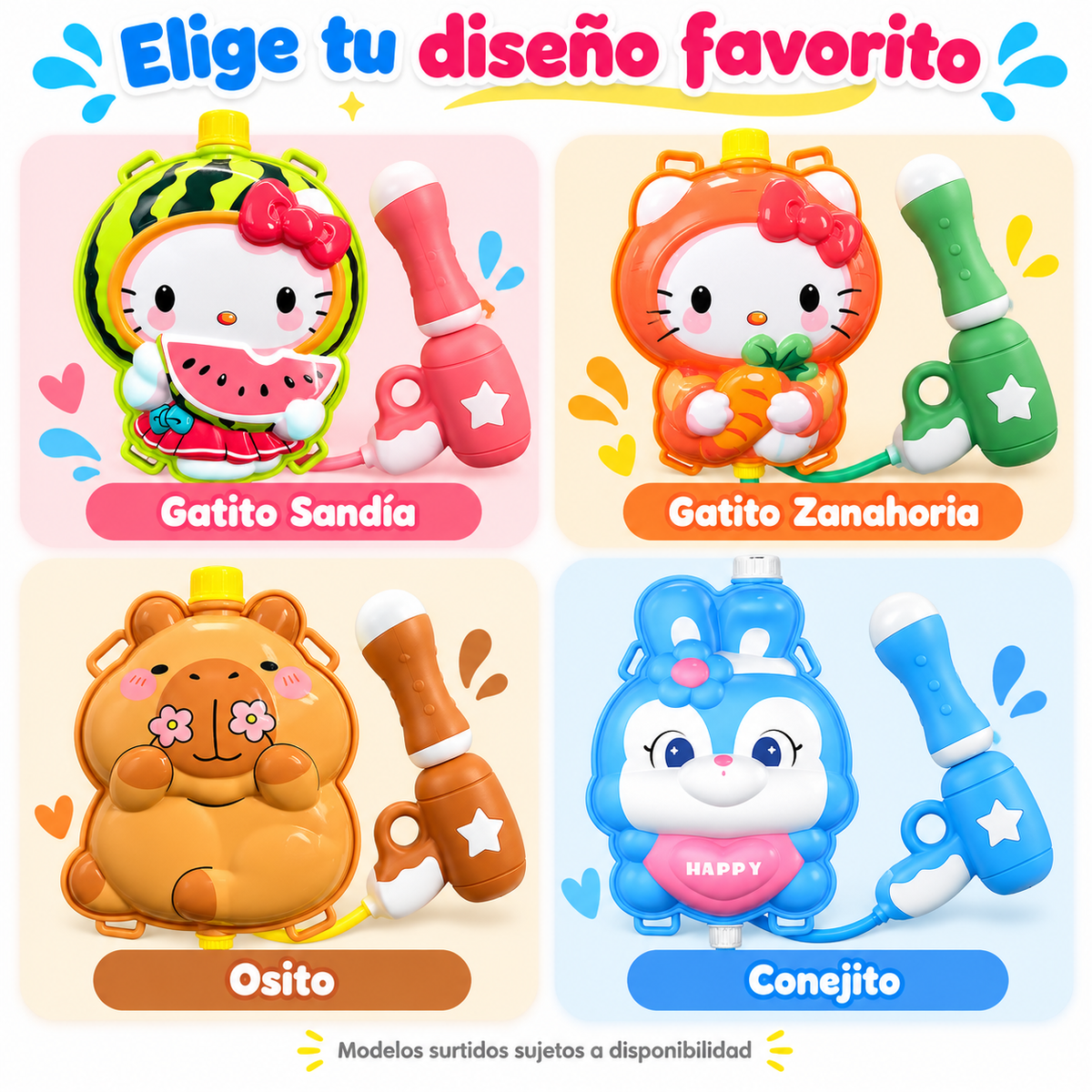 Mochila lanza agua infantil: diseños kawaii disponibles