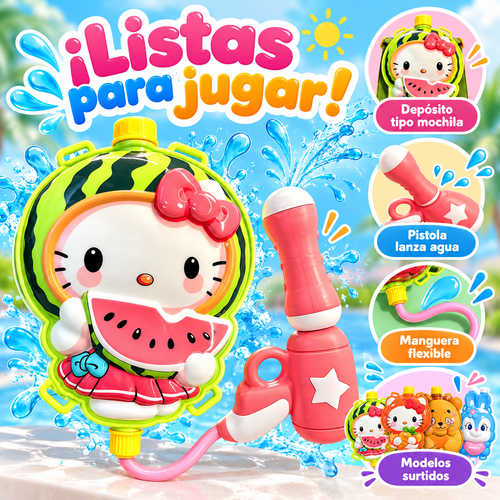 Mochila lanza agua infantil con pistola, diseños kawaii