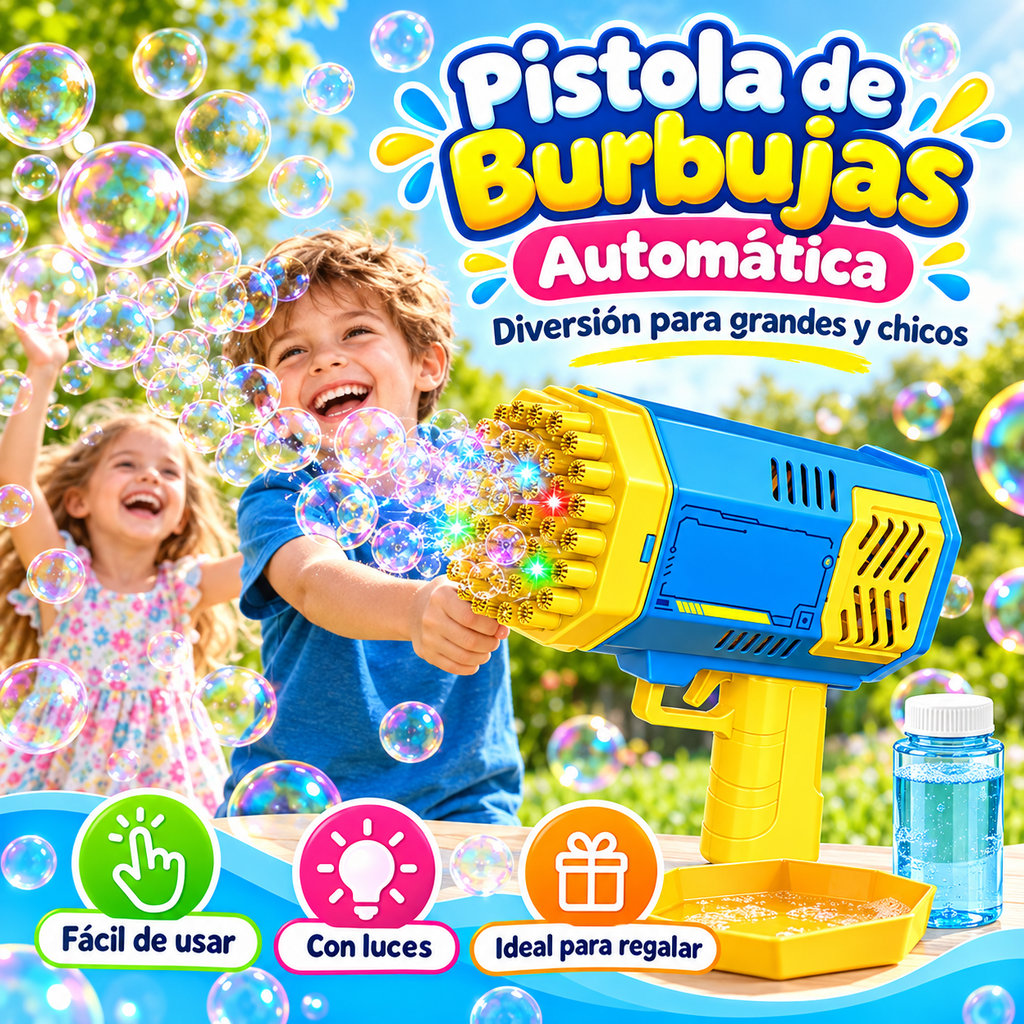 Niño usando la pistola de burbujas automática en un día de sol