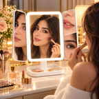 Espejo de Maquillaje Tríptico con Luz LED, Plegable y Base Organizadora
