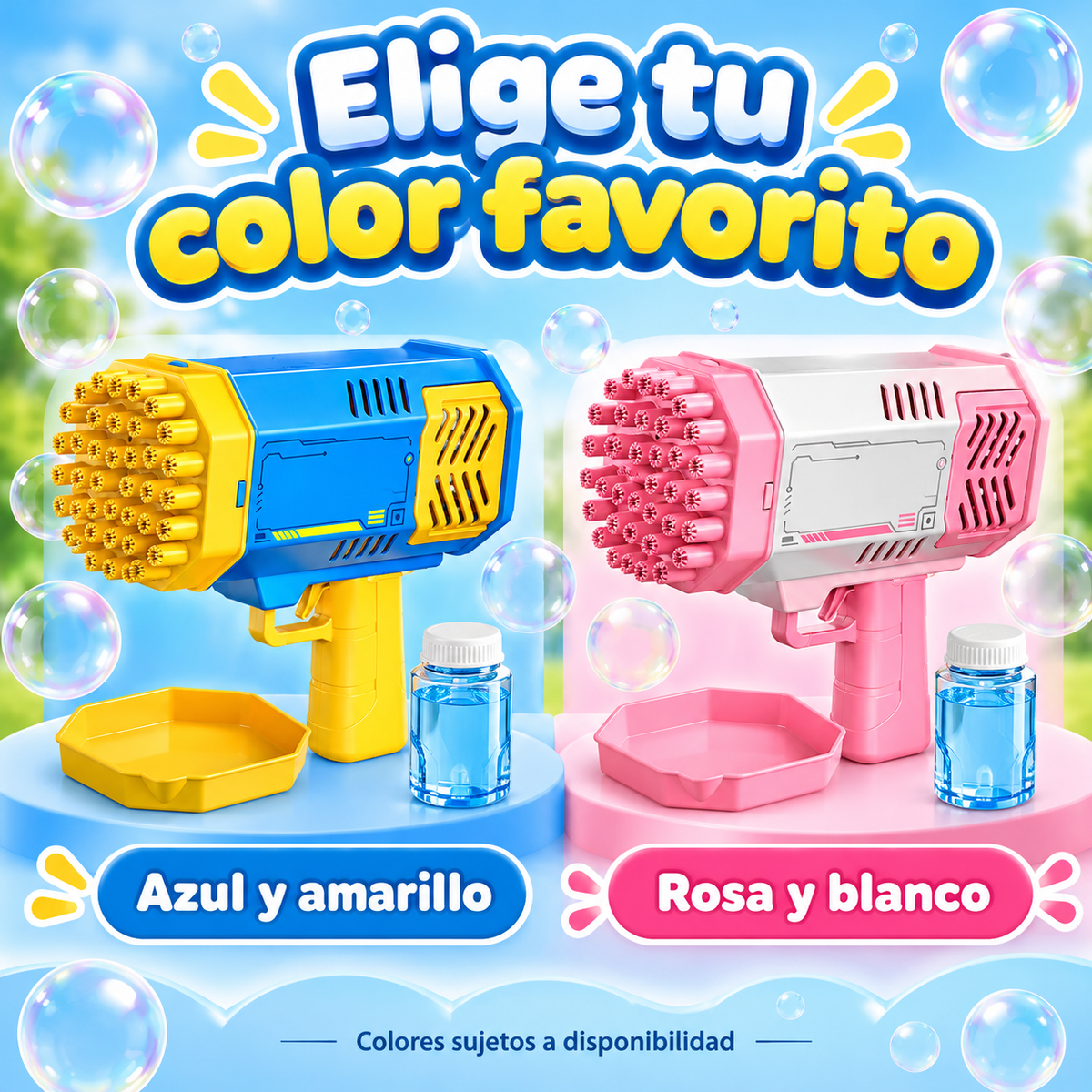 Pistola de burbujas disponible en azul con amarillo y rosa con blanco