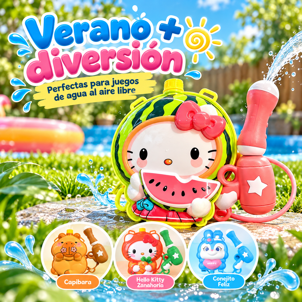 Niños jugando con la mochila lanza agua en verano