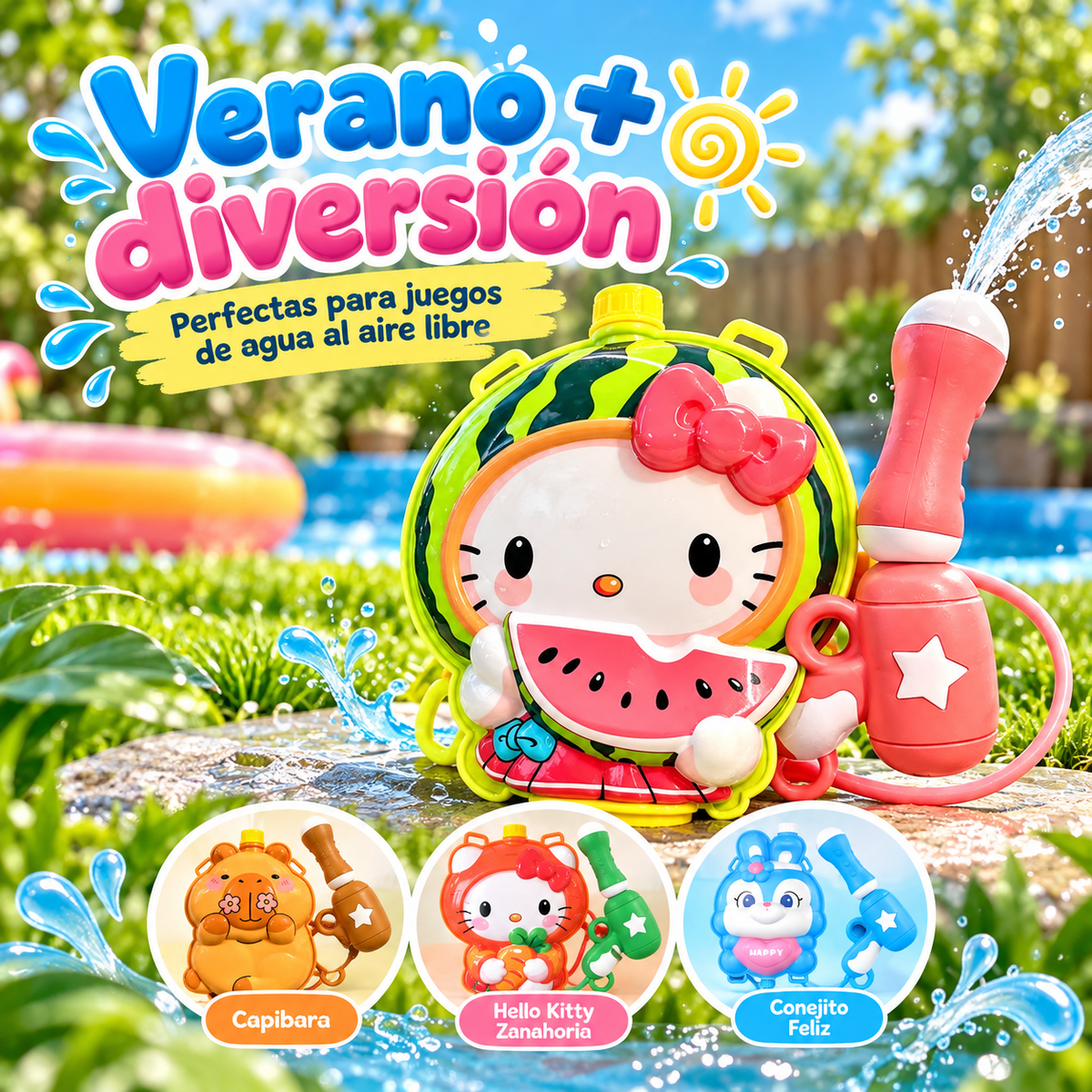 Niños jugando con la mochila lanza agua en verano