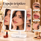 Espejo de Maquillaje Tríptico con Luz LED, Plegable y Base Organizadora