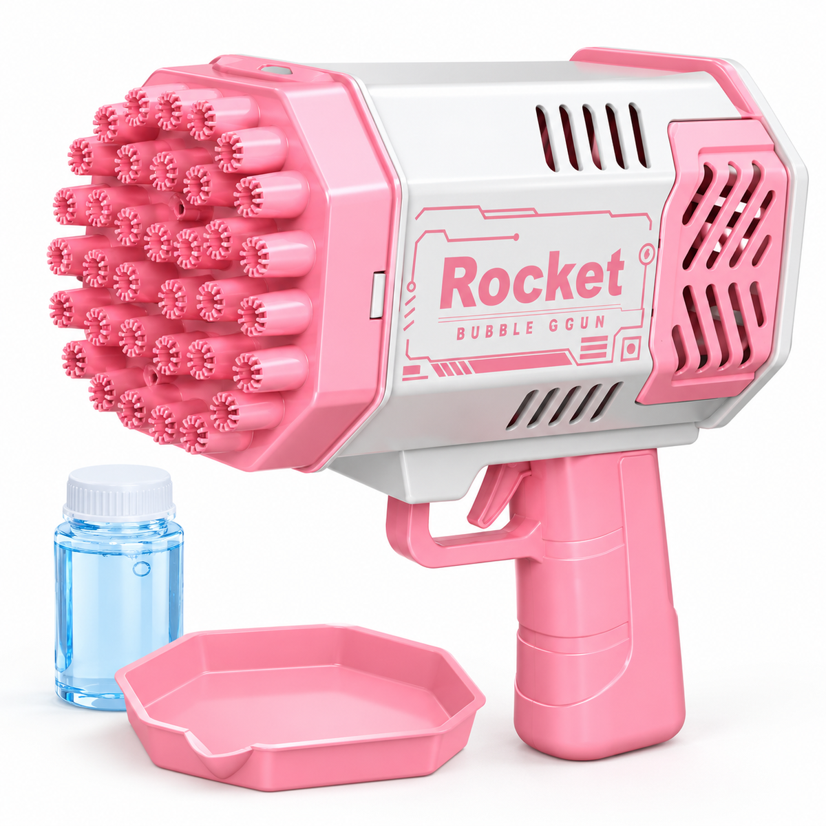 Pistola de burbujas automática color rosa con bandeja y botella